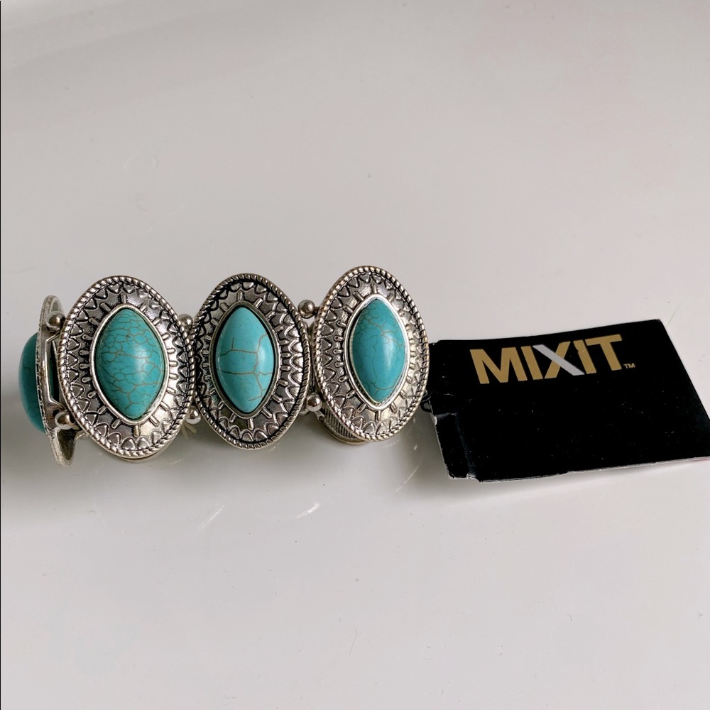 Santa Fe Style Silver Turquoise Elastic Bracelet